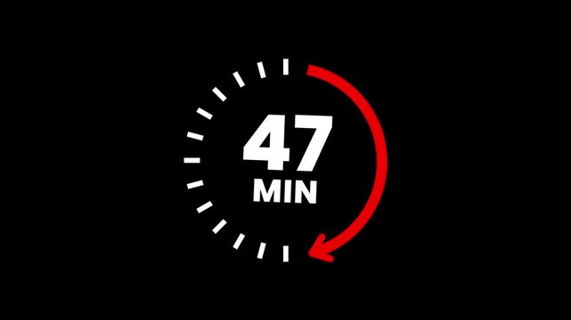 Countdown timer icons for 47 minutes in circular arrow animation. circle arrow refresh icon with 47 min timer icon animation. Timer 47 minutes countdown clock with circular arrow. 4k video