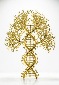 A stunning golden sculpture of a DNA tree with an intricate double helix structure and metallic texture set against a bright white backdrop, background, abstract, biological