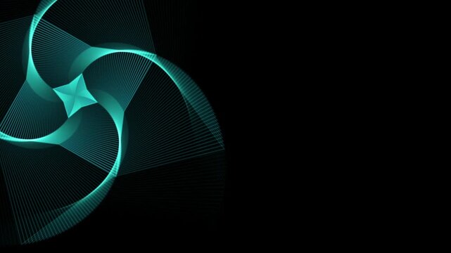 Glowing cyan geometric spiral line background. Glowing aqua spiral wave vector pattern. Dynamic teal swirl star black backdrop.