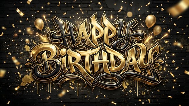 Luxurious golden Happy Birthday lettering with intricate decorative details, metallic texture, and glowing highlights creating an elegant celebration background.