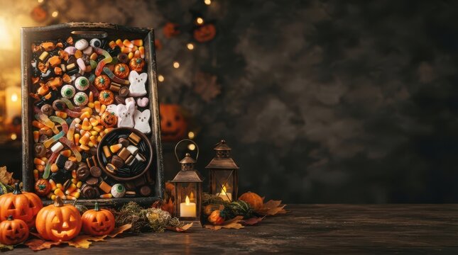 Halloween candy board with pumpkins and candles on a dark rustic table