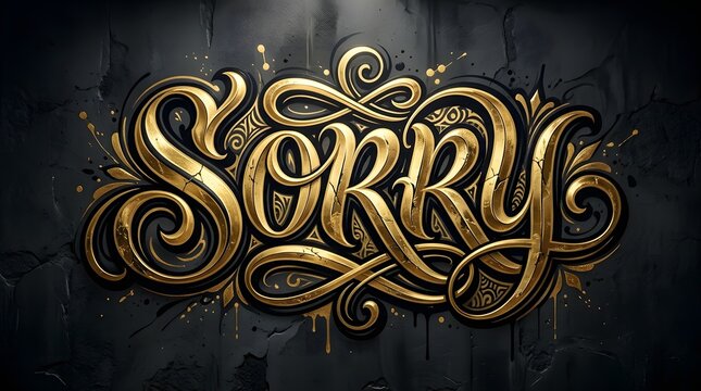 Ornate golden graffiti lettering expressing Sorry, with metallic highlights, intricate curves, and a luxurious decorative style on a dark urban background.