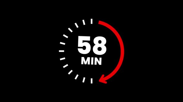 Countdown timer icons for 58 minutes in circular arrow animation. circle arrow refresh icon with 58 min timer icon animation. Timer 58 minutes countdown clock with circular arrow. 4k video