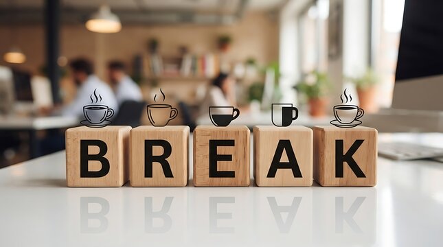 Wooden blocks spelling the word break, each topped with a small black of a coffee cup, sitting on a white desk in a blurred office