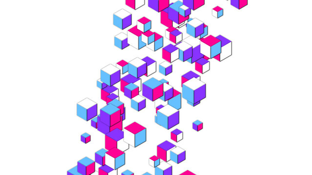 Dynamic digital art featuring floating blue pink and purple geometric cubes arranged in chaotic motion