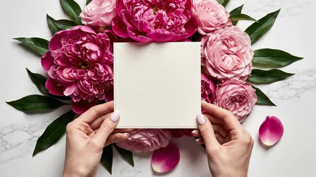 Woman's hands holding blank greeting card surrounded by lush peonies and roses on marble background