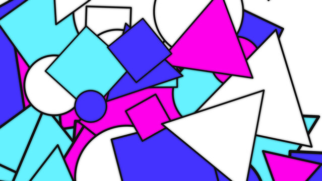 Abstract composition with vibrant geometric shapes including circles squares and triangles in bold modern colors