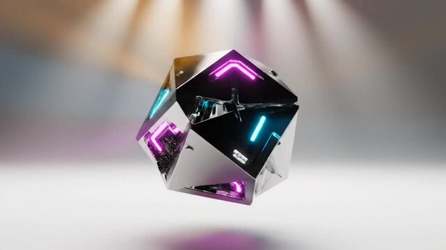 Futuristic geometric object with neon lights floating in space against a bright backdrop