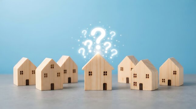 Miniature wooden house models arranged in a row on a gray surface against a light blue background, with glowing white, question mark