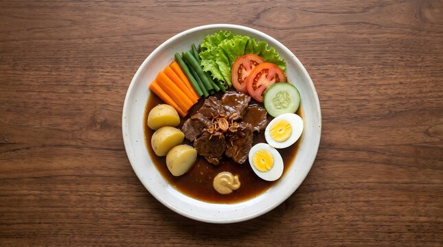 Delicious Oxtail Stew Served With Boiled Eggs and Fresh Vegetables.