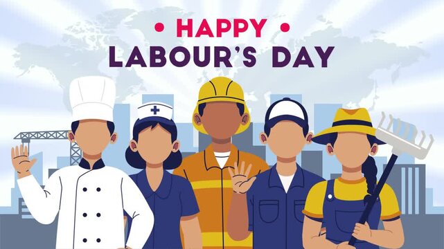 Happy Labour Day Concept Flat Animation with Diverse Professions and City Skyline