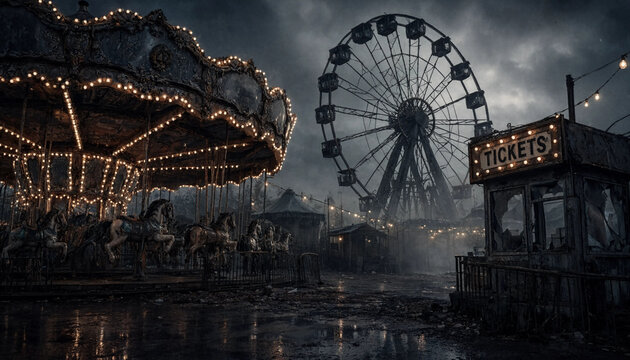 Old carnival with carousel and ferris wheel at night
