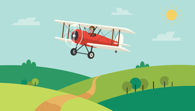 Classic red biplane flown by a happy pilot in goggles soaring high over rolling green hills under a bright sun.