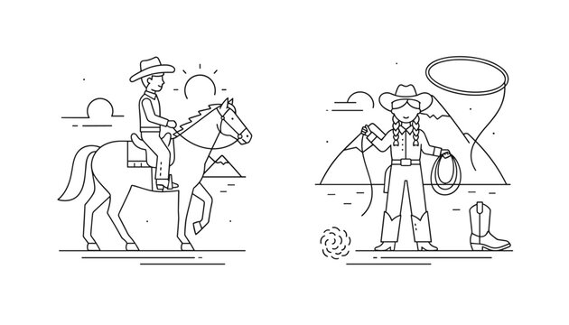 Thin line vector illustrations depicting western cowboys with one riding a horse and another holding a lasso rope in the desert.