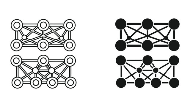 Neural network artificial intelligence node icon in outline and solid vector style design