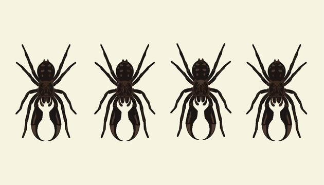 Graphic vector illustration of four creepy dark brown camel spiders or sun spiders lined up on a pale background.