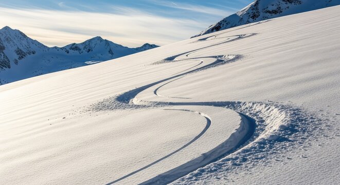 Graceful telemark ski tracks carve elegant S-curves into a pristine mountain slope of deep powder, showcasing fluid motion and rhythm, season, wilderness, mountain