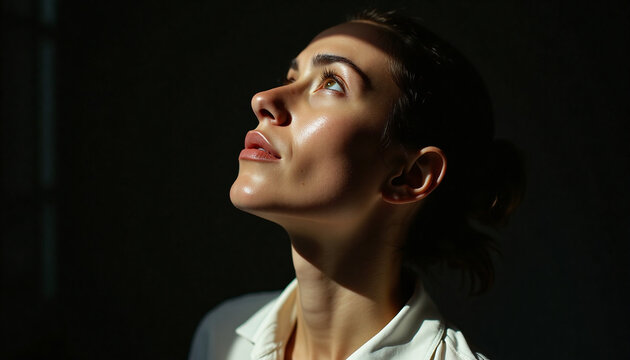 Side view beauty portrait of elegant woman looking up with glowing radiant skin. Dramatic beam sunlight on dark background for skincare products