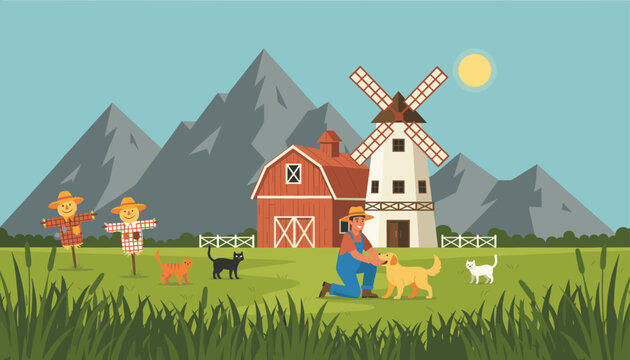 Beautiful countryside farm scene with a traditional windmill barn scarecrows and a farmer playing with his dog.