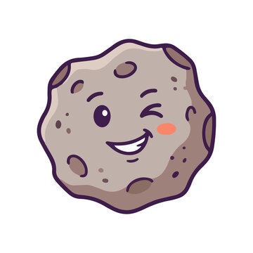 Winking cartoon asteroid character with craters and a happy smile