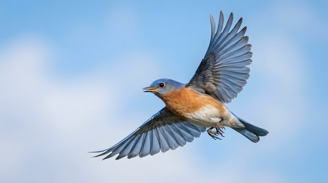 Eastern bluebird in flight against a clear blue sky, vibrant wild bird photography, perfect for bluebird of happiness day