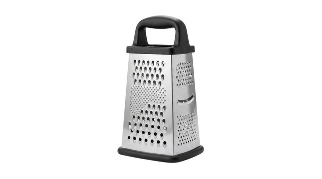 Stainless steel box grater with black handle, professional four-sided cheese grater, manual kitchen shredder for food preparation isolated PNG with Transparent Background