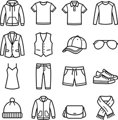 Fototapeta premium Sixteen minimalist black line icons depicting casual clothing items accessories footwear and seasonal modern outerwear