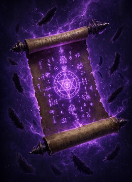Old magic scroll with glowing purple runes and dark feathers