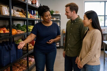 Fototapeta premium College Food Insecurity Support Average Build Guides One Donor Of And One Female Of Past An Organized Produce Shelf The Coordinator Gestures Toward One Reusable Pickup Bag