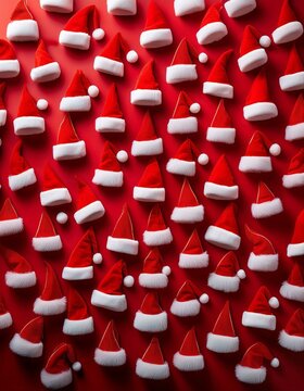 Top view of many santa's hats pattern on red background 