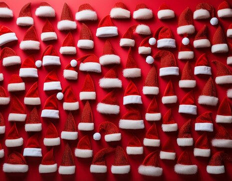 Top view of many santa's hats pattern on red background 