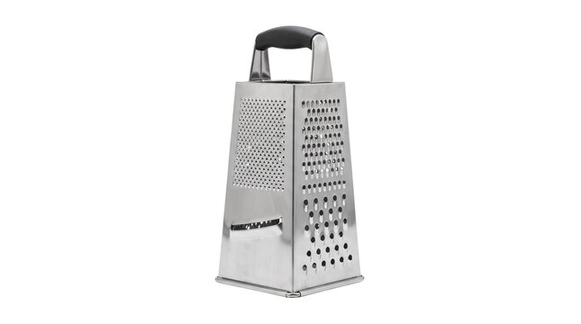 Stainless steel box grater with black handle, professional four-sided kitchen grater for cheese and vegetables, metal food shredder tool isolated PNG with Transparent Background