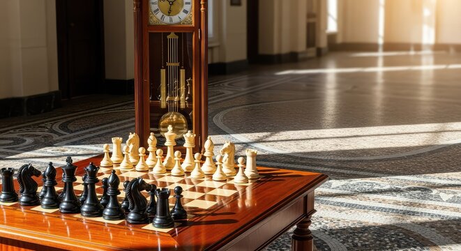 A classic chess set sits atop a mahogany table beside a towering grandfather clock in a silent, sunlit hall with ornate marble floors, mansion, table, marble