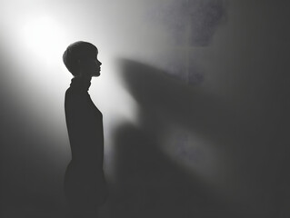 Obraz premium Young woman silhouette profile against minimal shadowed background with faint spirit silhouette ffa, moody monochrome portrait conveying mystery and introspection