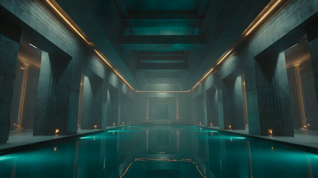 Ancient underground pool chamber with teal water, vaulted concrete architecture, atmospheric lighting and serene reflection conveying mysterious calm and modern minimalism
