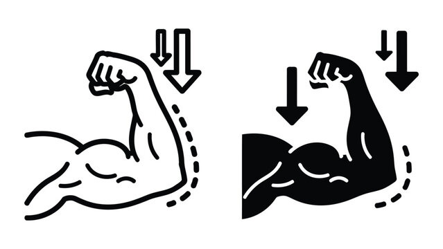 Bicep muscle flex icon with arrows vector set in outline and solid black graphic style