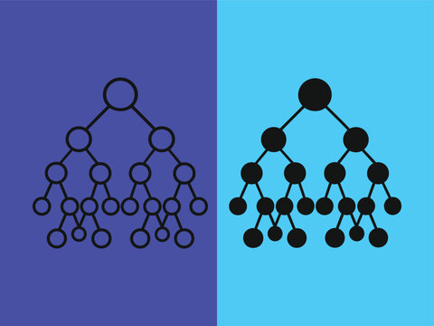 Two binary tree diagrams represented by outline and solid circular node shapes on split colored background