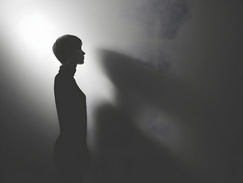 Young woman silhouette profile against minimal shadowed background with faint spirit silhouette ffa, moody monochrome portrait conveying mystery and introspection