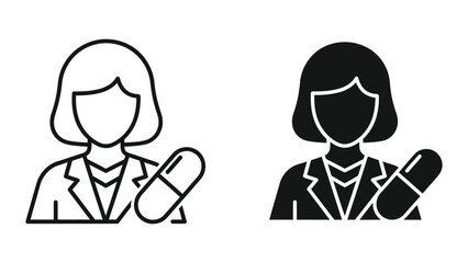 Fototapeta premium Female doctor with medicine pill vector icon in outline and solid black style