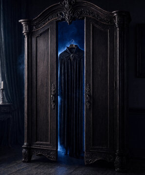 Old vintage wooden wardrobe with a dark cloak inside