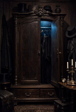 Old dark wooden wardrobe in a mysterious gothic room