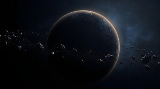 Crescent planet surrounded by naturally varied rocky debris in deep space.