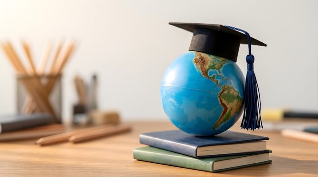 Academic mortarboard on blue globe for international study.