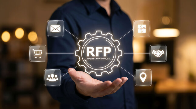 Businessman holding glowing digital RFP request for proposal icon graphic screen