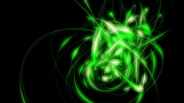 Dense cluster of green interlinked light loops glowing on black
