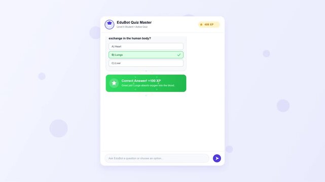Quiz game interface template with multiple choice question and correct answer notification banner, modern web UI design