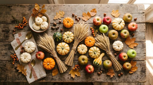 Autumn harvest flat lay with pumpkins, wheat sheaves and fresh apples on rustic wood table perfect for mabon