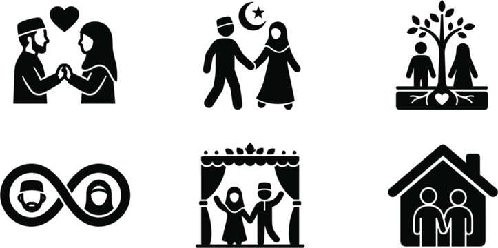 Islamic marriage couple icon set with Muslim wedding family home tree infinity flat silhouette vector illustration for card