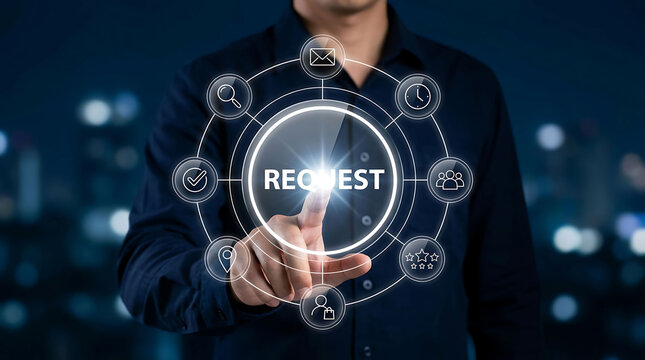 Businessman pressing touch screen button for service request in digital interface