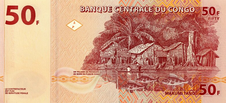 Congolese fifty francs money bill with image of Fishermen village on Congo river